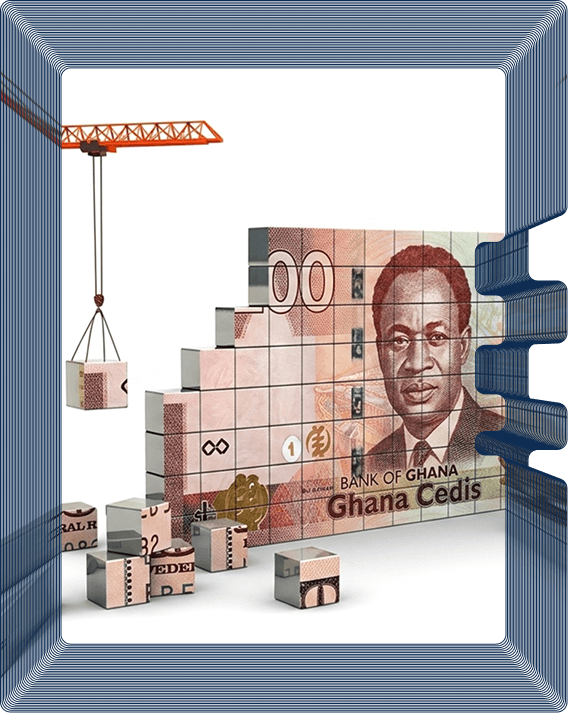 3D conceptual graphic of Ghana Cedi blocks and a yellow crane