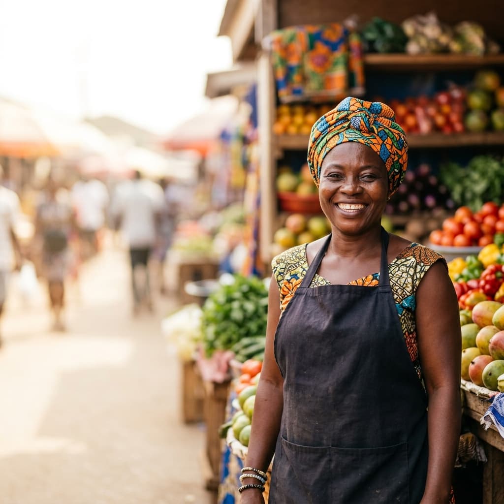 Market trader smiling
